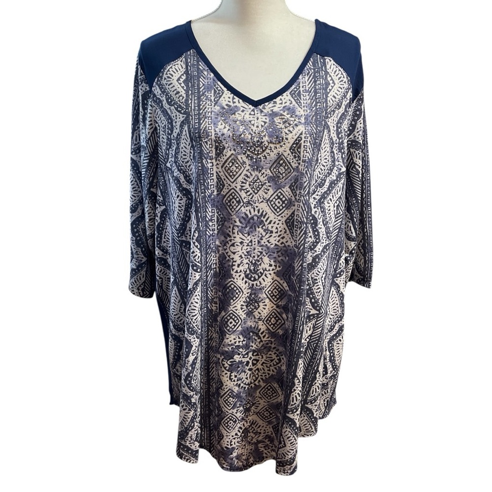 Catherines Womens Tunic Blouse Linen Blend Stretch Blue White Rhinestones 1X NWT
